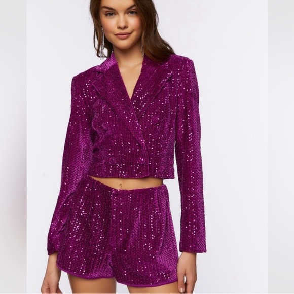 💜 Forever 21 Purple Velvet Sequin Blazer & Short Set – NWT – Size M (Orig. $80) - Picture 1 of 7
